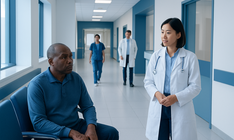 Doctor consulting with patient in hospital corridor.