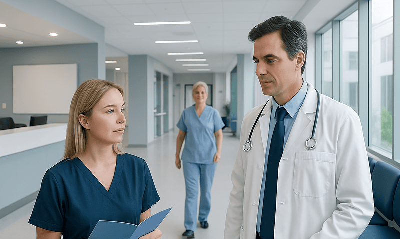 Doctor consulting with a female patient in a hospital corridor.