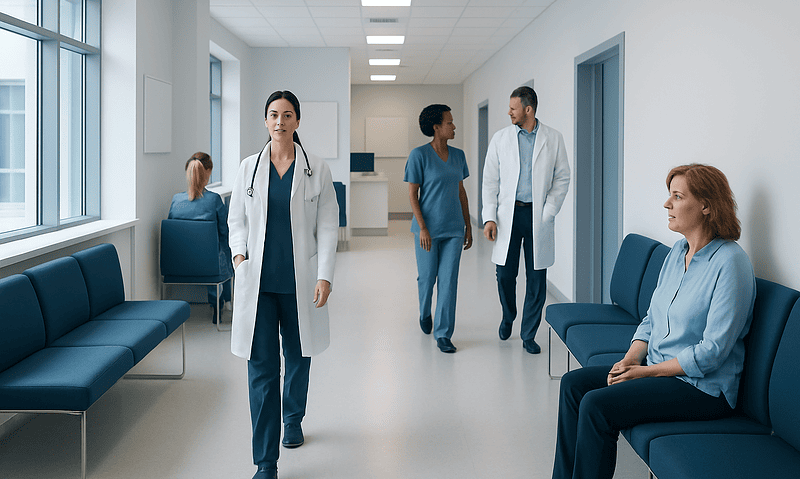 Medical professionals and patients in a hospital corridor.