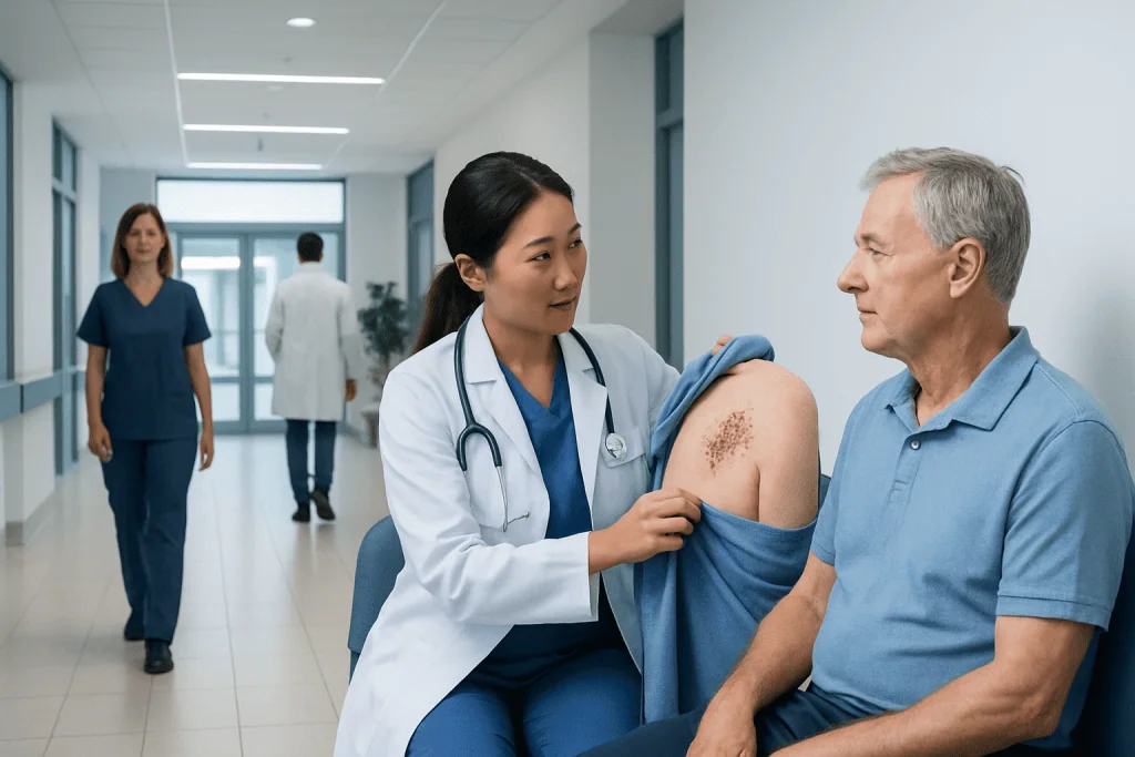 Leser Trelat Sign: What Patients Need to Know 1 Doctor examining patient's skin with mole in hospital corridor.