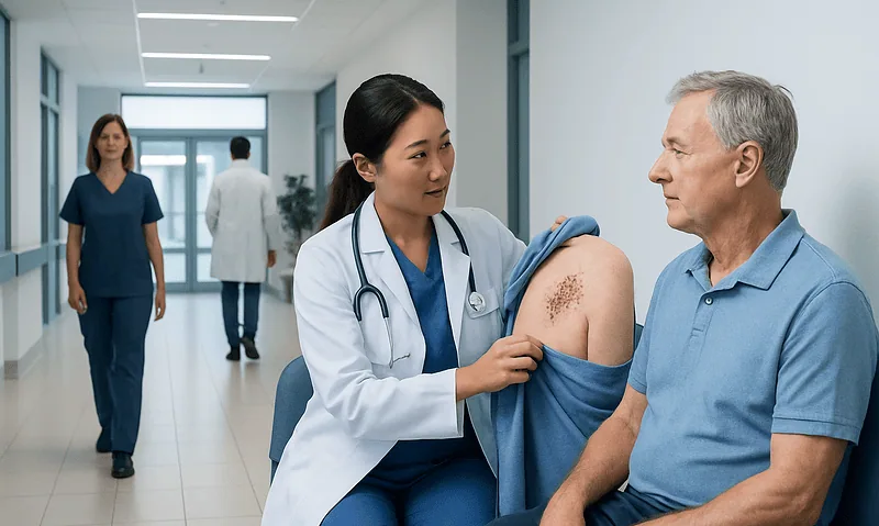 Doctor examining patient's skin with mole in hospital corridor.