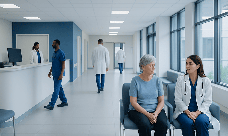 Patients waiting and consulting with healthcare professionals in a modern hospital corridor.