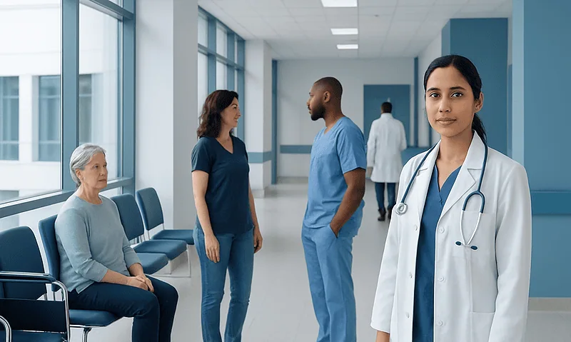 Healthcare professionals and patient in hospital corridor at Acibadem Hospitals Group.