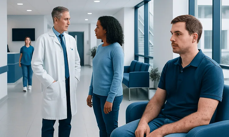 Doctor consulting patient in hospital waiting area.