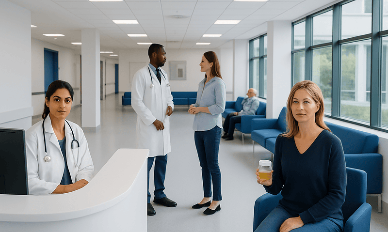 Patients and medical staff in a hospital waiting area.