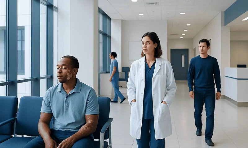 Medical staff and patient in hospital corridor at Acibadem Hospitals Group.