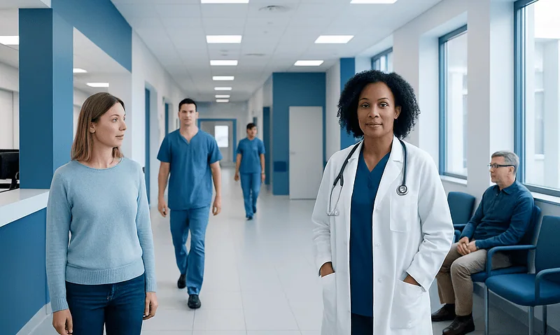 Healthcare professionals and patients in a modern hospital corridor.