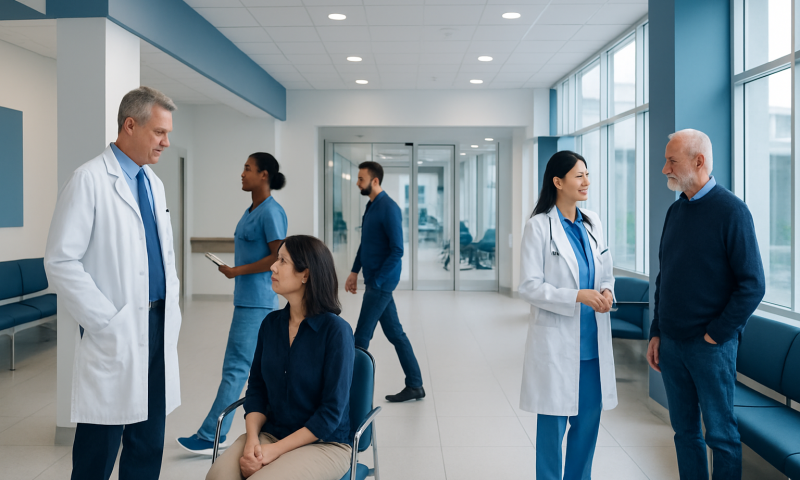 Patients and doctors in a modern hospital corridor engaging in consultation.