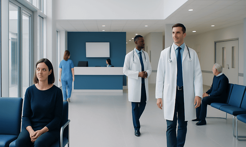 Doctors and patients in a modern hospital waiting area.