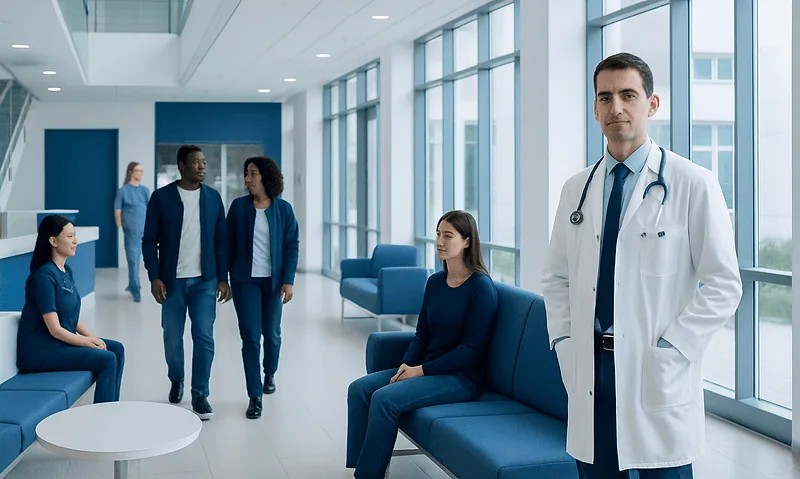 Doctor with patients in a modern hospital waiting area.