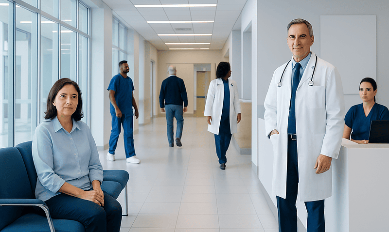 Medical team in hospital corridor with doctor and patients at Acibadem Hospitals.