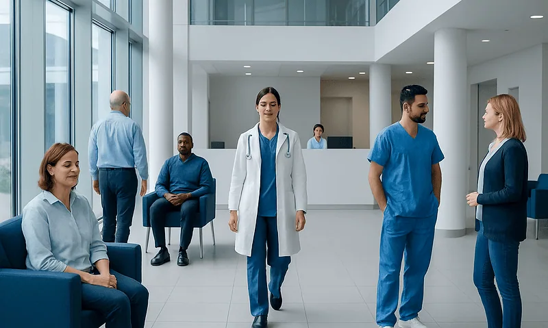 Healthcare professionals and patients in a modern hospital lobby.