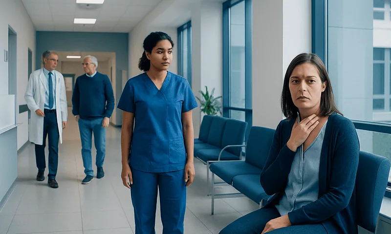 Levothyroxine Side Effects: Uses, Dosage, and Side Effects — A Clinical Overview 4 Patient experiencing throat discomfort in hospital corridor with medical staff nearby.