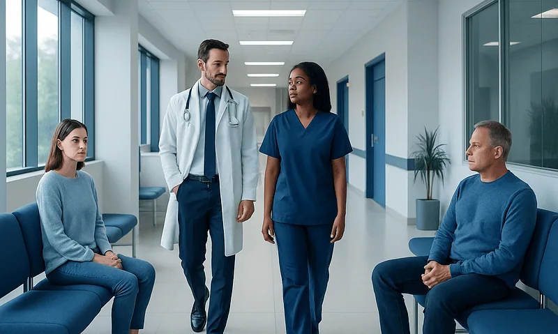 Medical professionals consulting with patients in a hospital corridor.