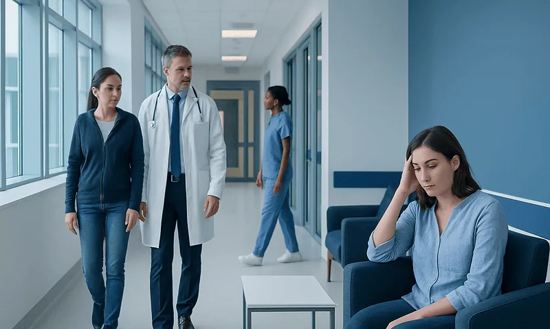 Patient experiencing headache in hospital corridor with medical staff nearby.