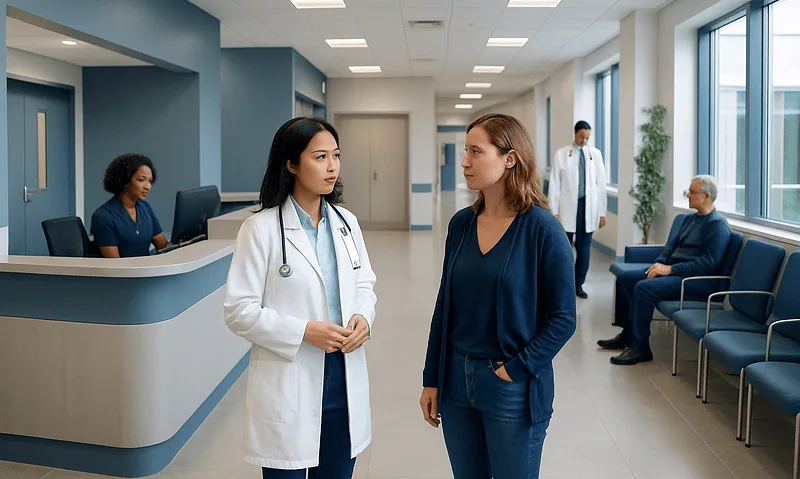 Medical professionals and patient in hospital corridor at Acibadem Hospitals Group.
