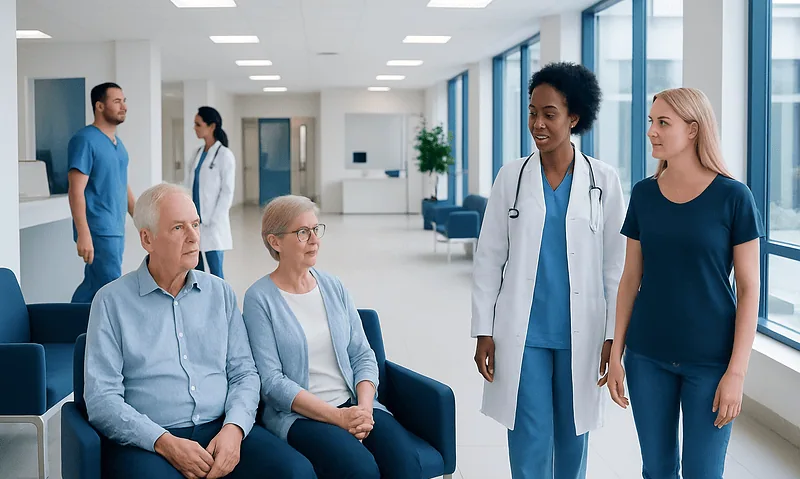 Healthcare professionals consulting elderly patients in hospital corridor.