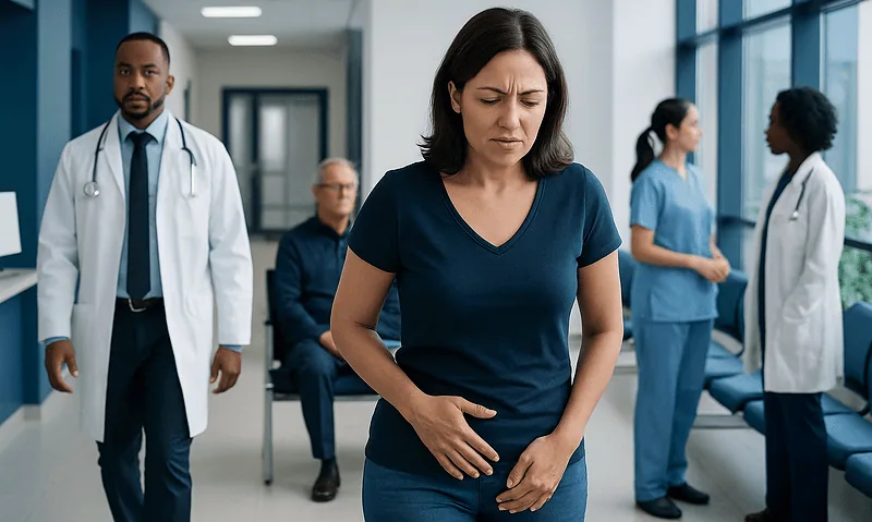 Woman experiencing abdominal pain in hospital corridor with medical staff nearby.