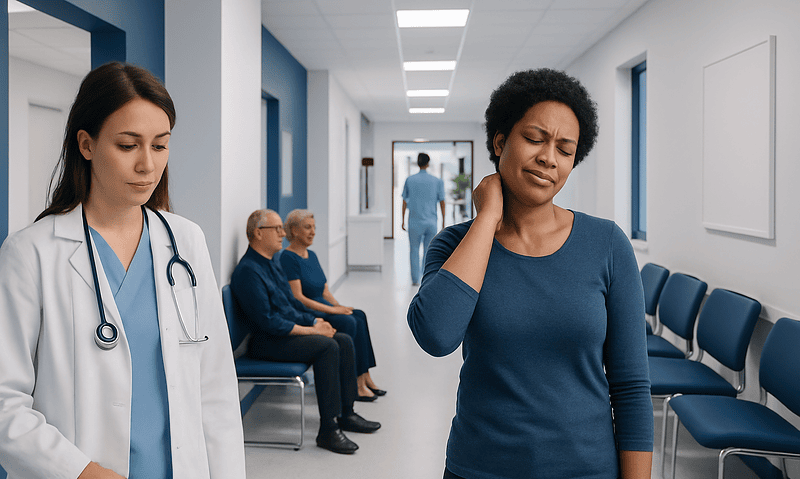 Patient experiencing neck pain in hospital corridor with medical staff nearby.