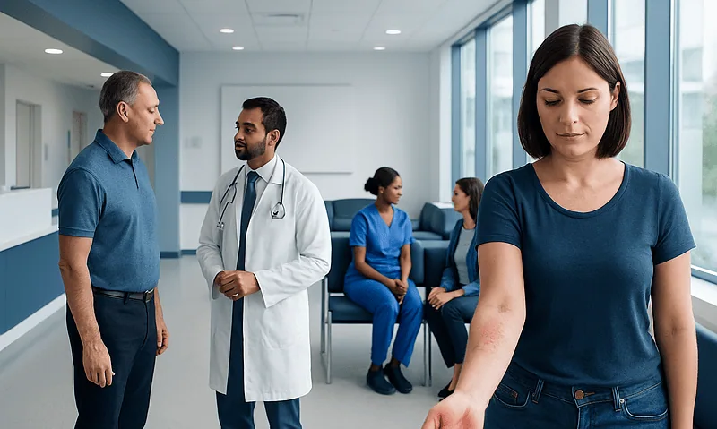 Medical consultation in a modern hospital with healthcare professionals and patients.