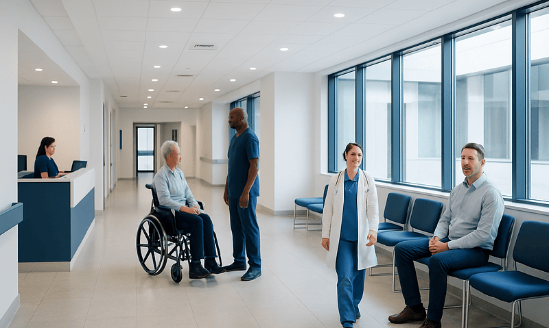 Modern hospital corridor with medical staff and patients in waiting area.