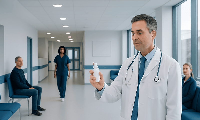 Doctor holding a nasal spray in a hospital corridor with patients waiting.