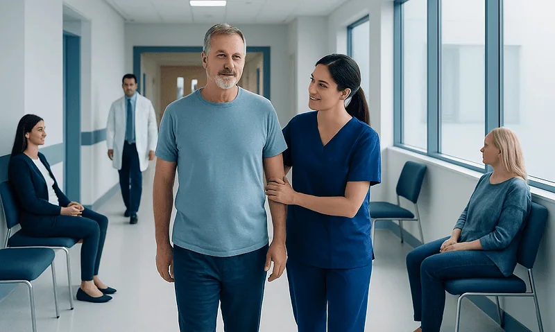 Patient and nurse in hospital corridor during consultation.