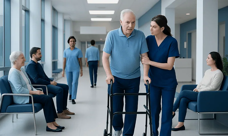 Life After Stroke: Daily Safety, Long-Term Effects, and Preventing Another Event 8 Elderly man with walker being assisted by nurse in hospital corridor.