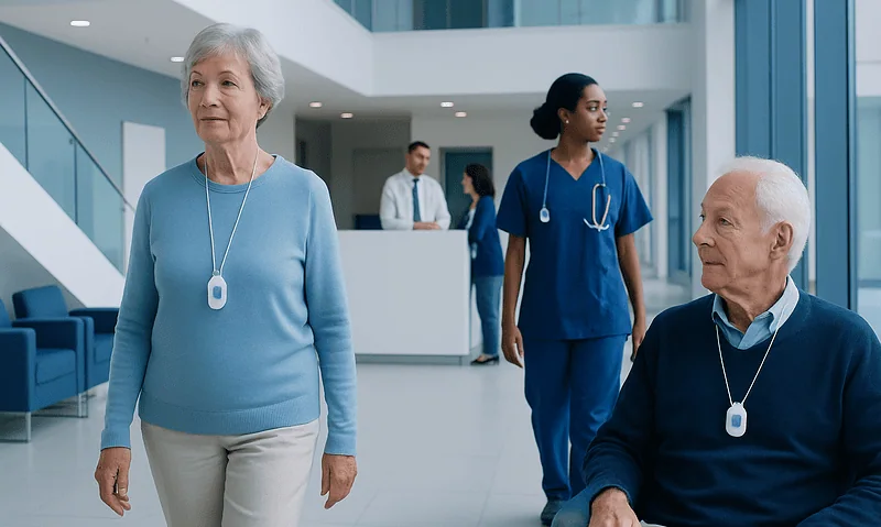 Elderly patients with medical alert devices in hospital lobby.