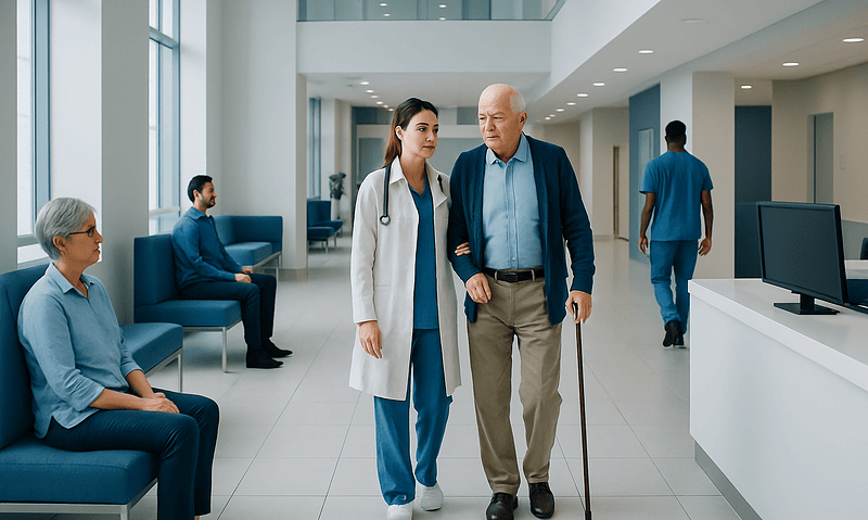 Doctor assisting elderly patient in hospital lobby with other patients nearby.