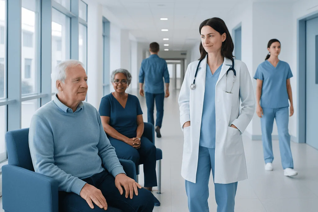 Life expectancy after cardiac ablation: Outlook, Stages, and Treatment Options Explained 1 Doctor consulting elderly patient in hospital corridor with staff in background.