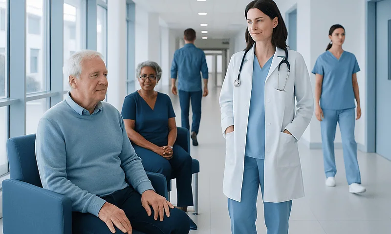 Doctor consulting elderly patient in hospital corridor with staff in background.