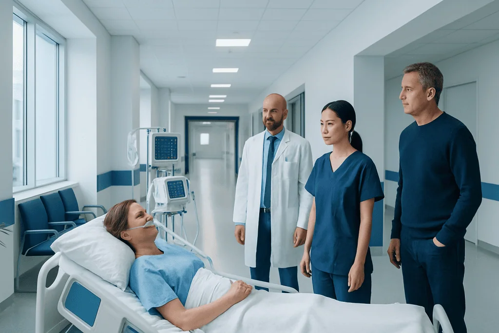 Life Support: What Patients Need to Know 1 Medical team consulting a patient in hospital bed in a modern hospital corridor.