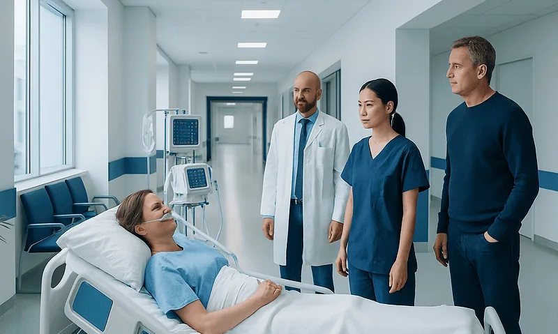 Medical team consulting a patient in hospital bed in a modern hospital corridor.