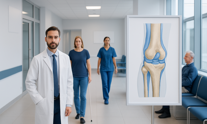 Medical professionals in a hospital corridor with a knee joint diagram.
