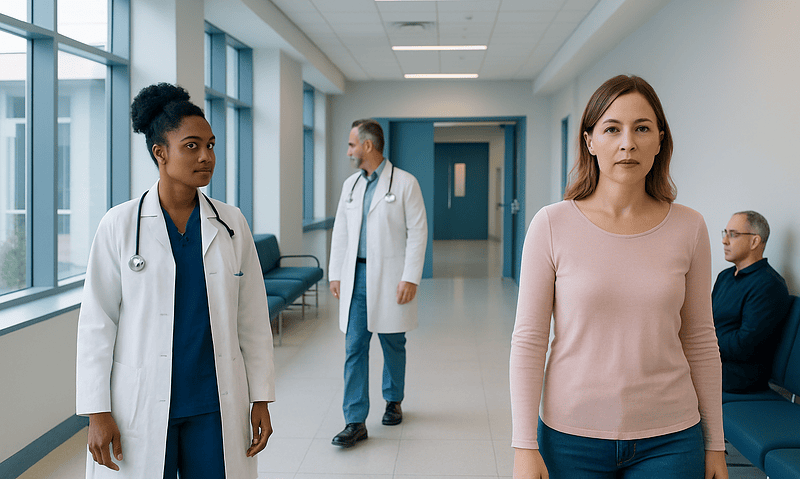 Women and doctors in hospital corridor, healthcare setting.