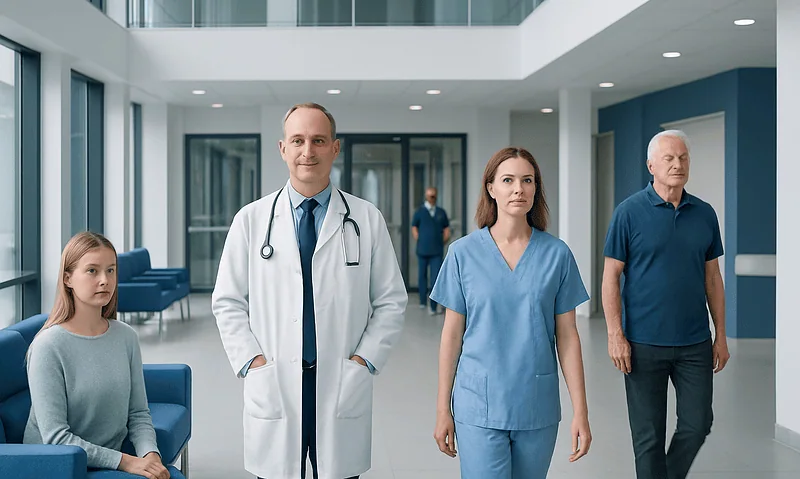 Medical team with patients in a modern hospital corridor.