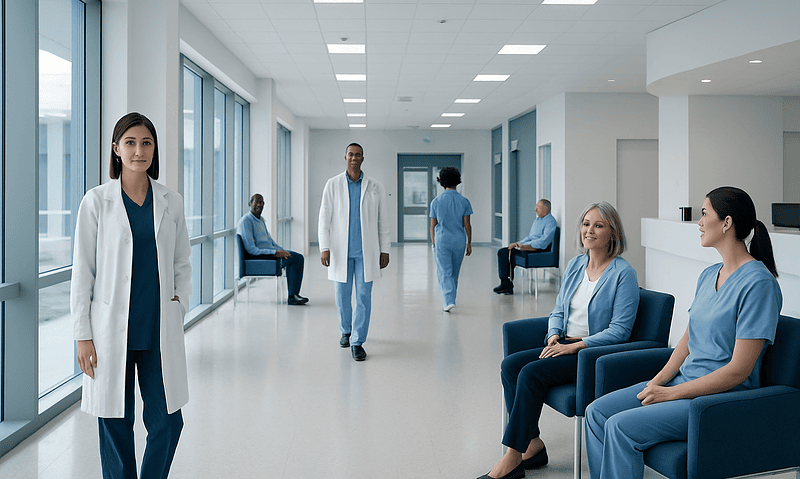 Medical staff in hospital corridor with patients and staff in blue scrubs and white coats.