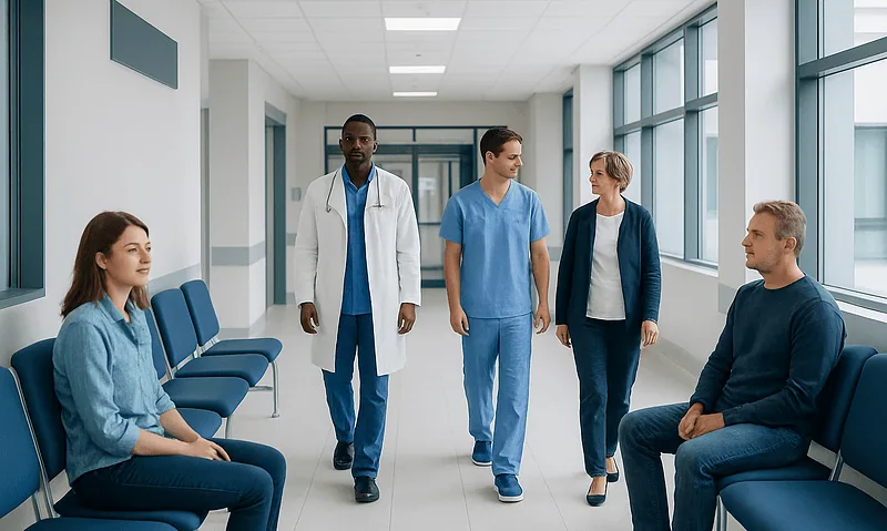 Medical team consulting with patient in hospital corridor.