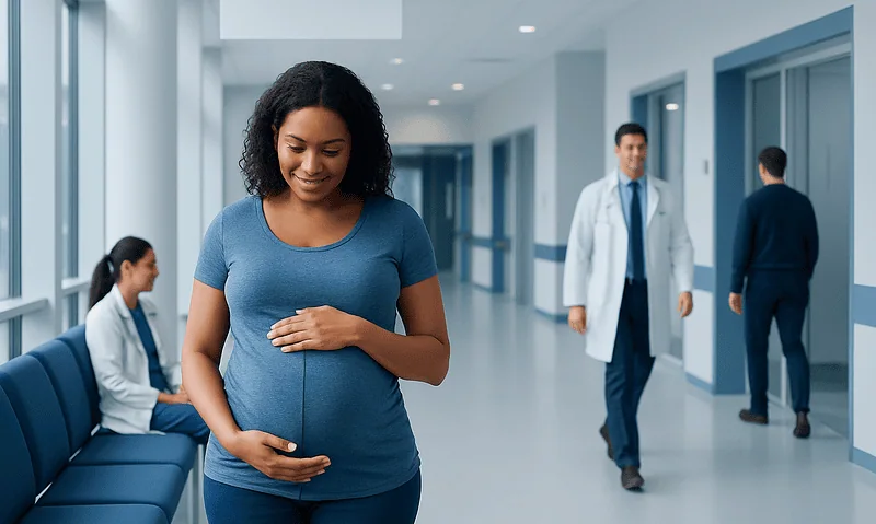 Pregnant woman smiling in hospital corridor with medical staff in background.
