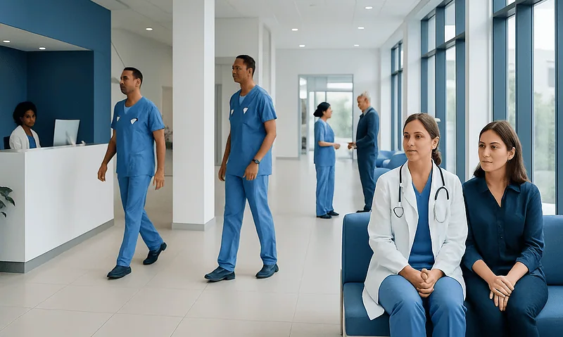 Healthcare professionals and staff in a modern hospital lobby with large windows.