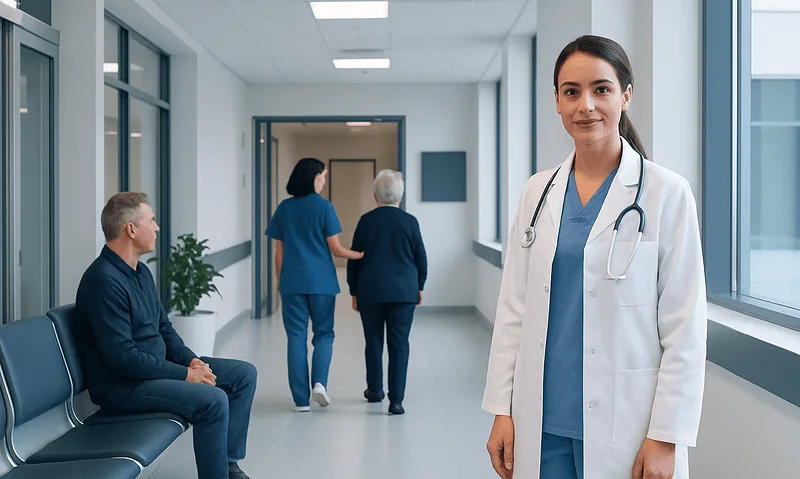 Healthcare professional in hospital corridor with patients and staff.