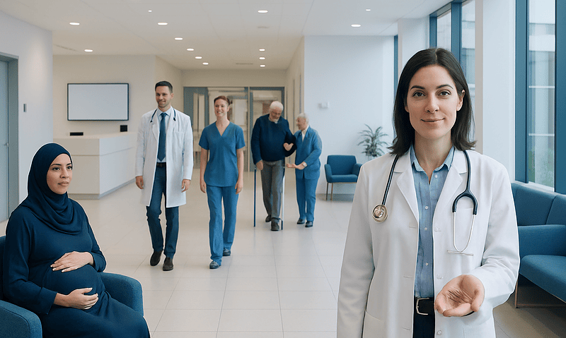 Healthcare professionals and a pregnant woman in a modern hospital corridor.