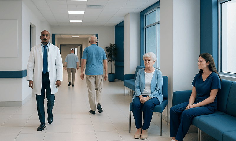 Healthcare professionals and patients in a modern hospital corridor.