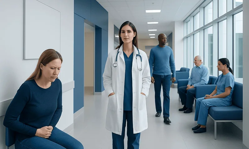 Medical professional with patients in a hospital corridor.