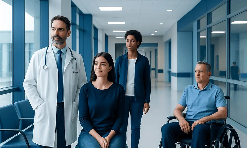 Medical team with patient in hospital corridor at Acibadem Hospitals Group.