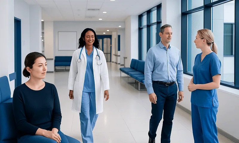 Medical professionals and patient in a hospital corridor at Acibadem Hospitals Group.