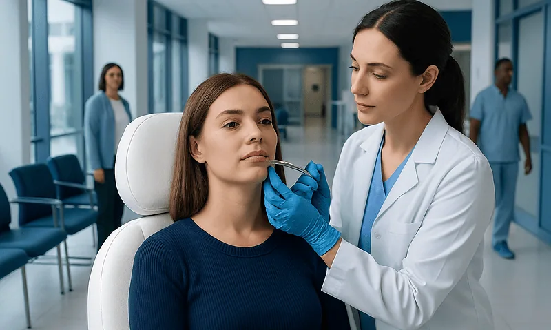 Medical professional performing lip filler injection on patient in clinic.