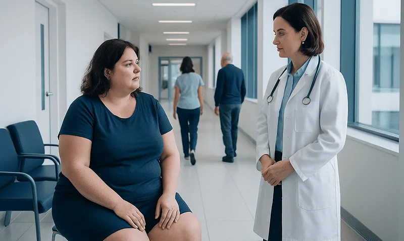 Doctor consulting a patient in a hospital corridor with large windows.