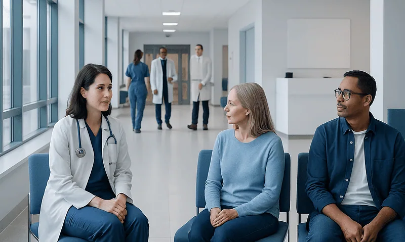 Medical consultation with healthcare professionals in a hospital corridor.